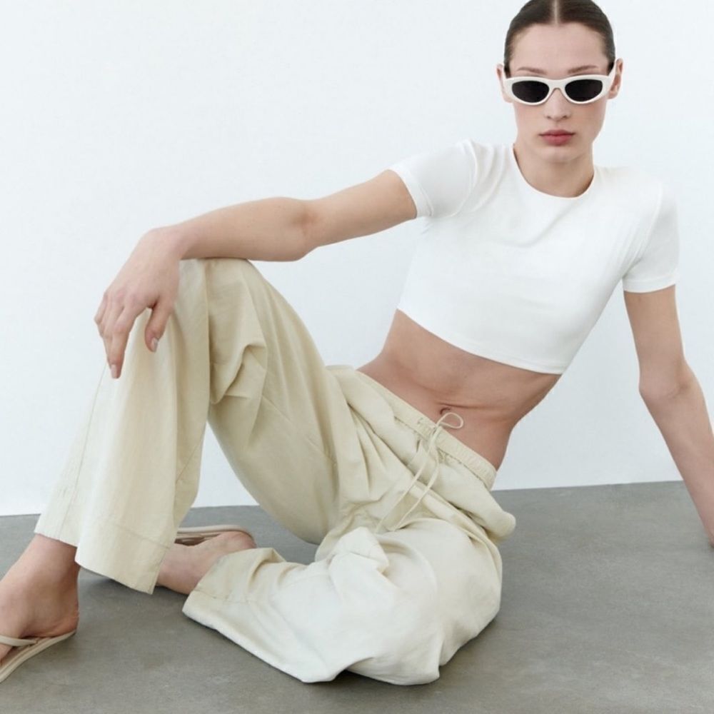 Zara Nylon Pajama Drawstring Pants ECRU Size L